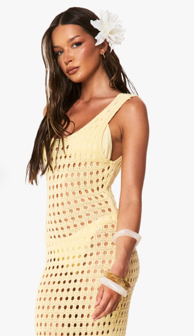 Boohoo Beach Crochet Scoop Back Tassel-Hem Maxi Dress – Lemon