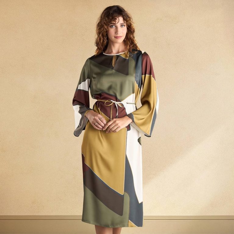 Printed Satin Dress with Belt